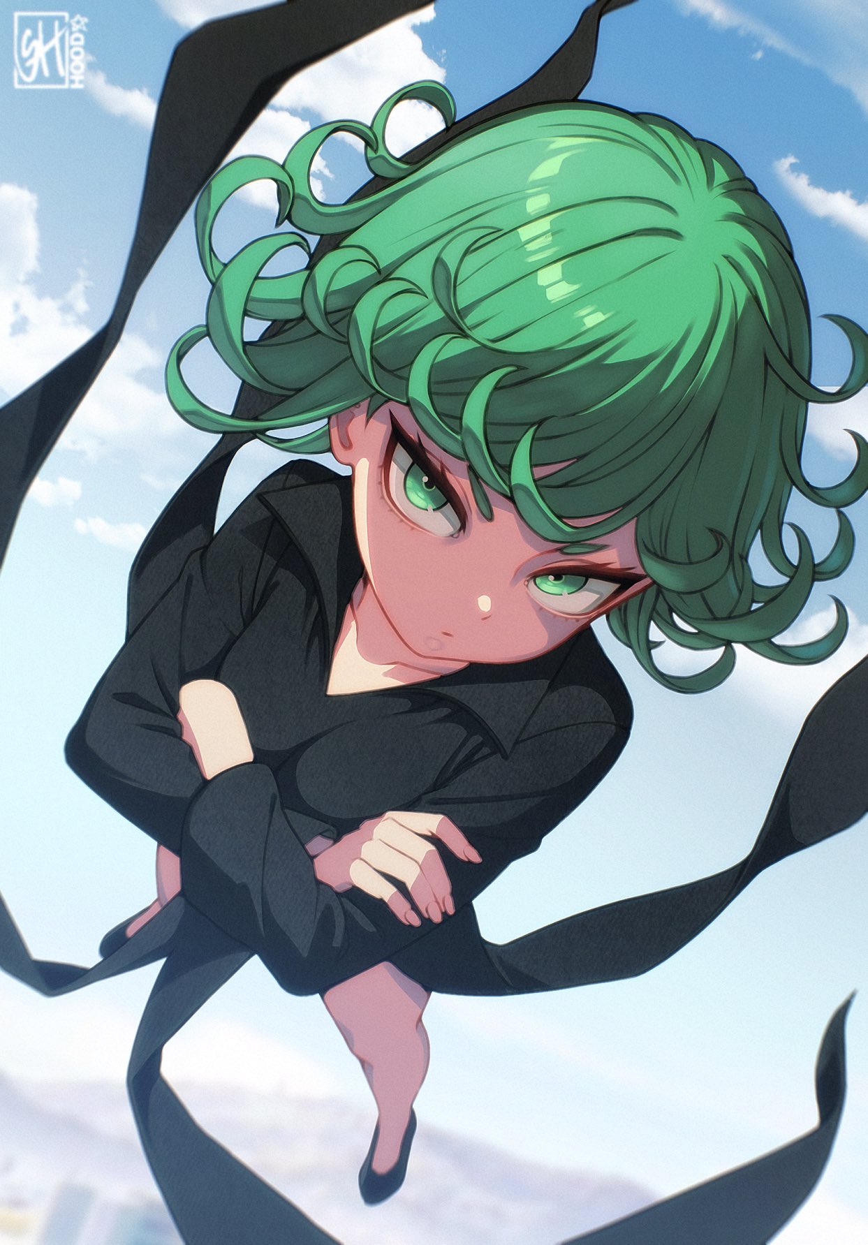 1girl, artist_logo, bare_legs, black_dress, black_shoes, blue_sky, closed_mouth, clouds, collarbone, commentary, crossed_arms, curly_hair, day, dress, english_commentary, expressionless, fingernails, flipped_hair, floating, floating_clothes, foreshortening, from_above, full_body, green_eyes, green_hair, highres, levitation, logo, long_sleeves, looking_at_viewer, looking_up, one-punch_man, outdoors, shoes, short_hair, side_slit, skaggshood, sky, solo, standing, tatsumaki