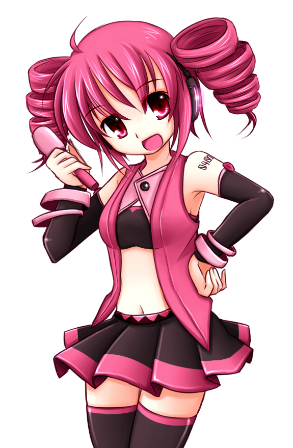 bandeau, bracelet, detached_sleeves, drill_hair, hand_on_hip, haru-jpg, haru.jpg, headphones, jewelry, kasane_teto, microphone, midriff, navel, open_mouth, pink_eyes, pink_hair, short_hair, simple_background, skindentation, skirt, smile, solo, thigh-highs, thighhighs, utau, vest, white_background, zettai_ryouiki