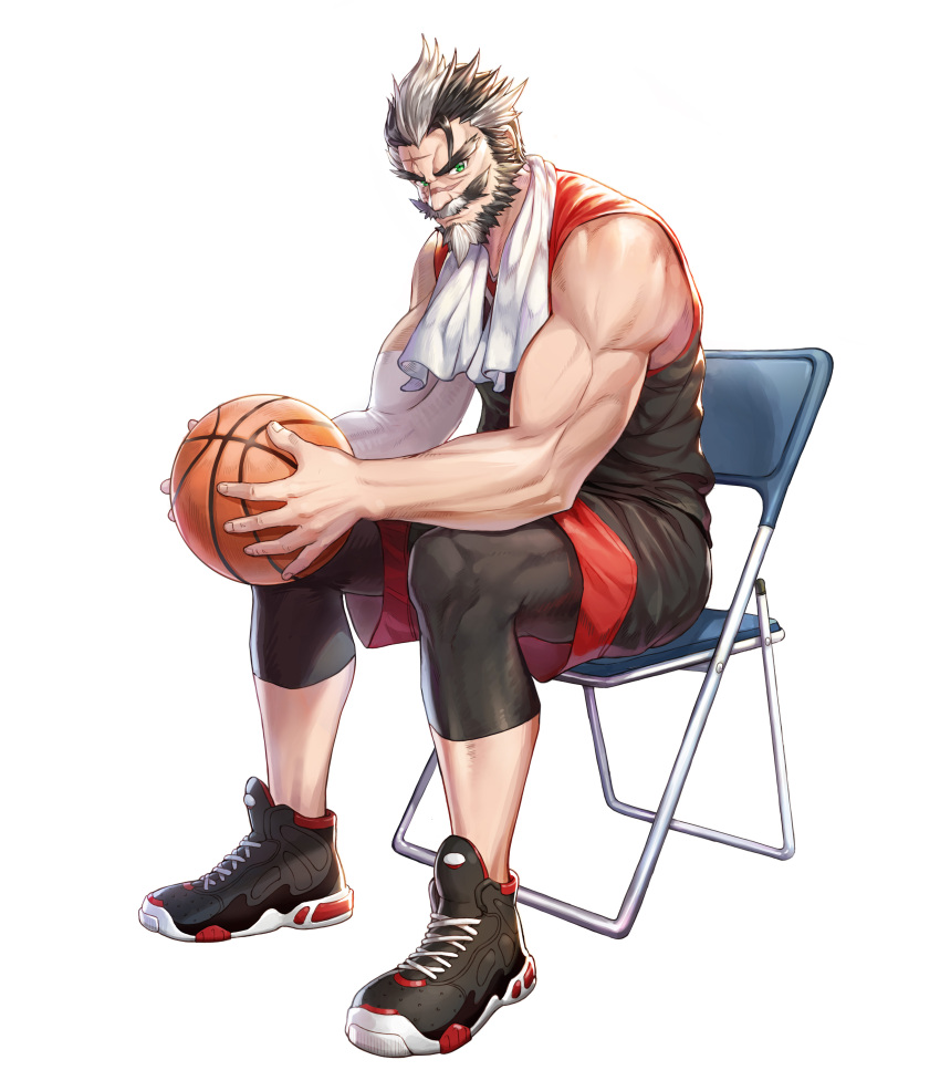 1boy, absurdres, ball, basketball_(object), beard, black_hair, black_shirt, black_shoes