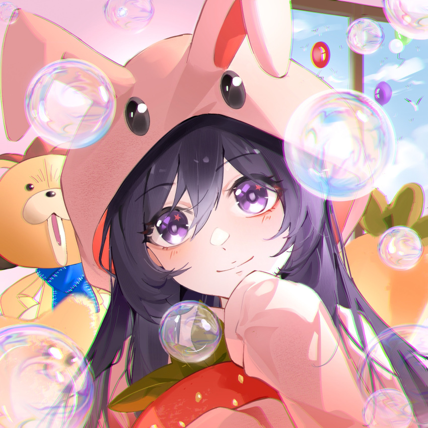1girl, alternate_costume, animal_costume, animal_ears, balloon, bambietta_basterbine, black_hair, bleach, bleach:_sennen_kessen-hen, blush, closed_mouth, commentary, cosplay, day, deadman70232800, eyelashes, eyes_visible_through_hair, fake_animal_ears, food, fruit, hair_between_eyes, hair_over_shoulder, hand_up, highres, holding, holding_food, holding_fruit, hood, hood_up, indoors, kigurumi, kon_(bleach), long_hair, looking_at_viewer, rabbit_costume, rabbit_ears, sleeves_past_fingers, sleeves_past_wrists, smile, soap_bubbles, solo, star_(symbol), star_in_eye, strawberry, stuffed_animal, stuffed_lion, stuffed_toy, symbol_in_eye, upper_body, violet_eyes, window
