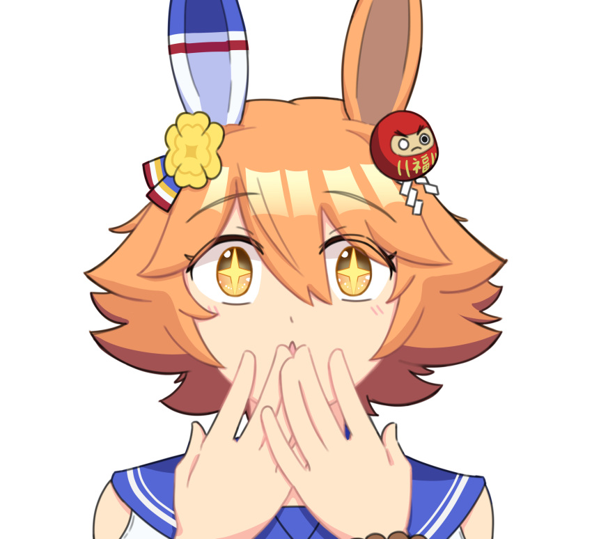 +_+, 1girl, animal_ears, blue_sailor_collar, commentary_request, covering_own_mouth, daruma_doll, doll_hair_ornament
