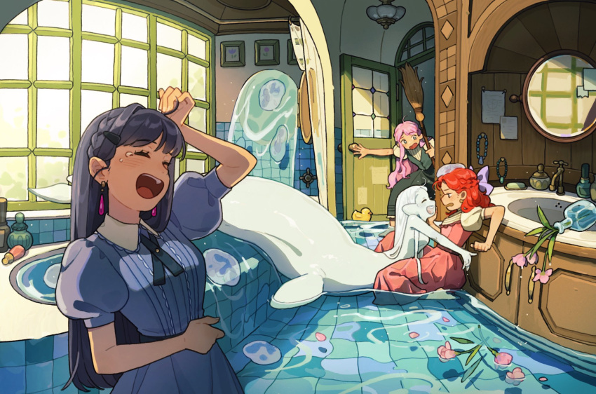 4girls, ^_^, ahoge, bathroom, bathtub, black_hair, blue_dress, broom