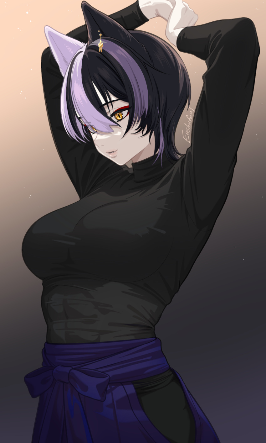 1girl, animal_ears, blouse, breasts, eushufeal, hakama, highres, japanese_clothes