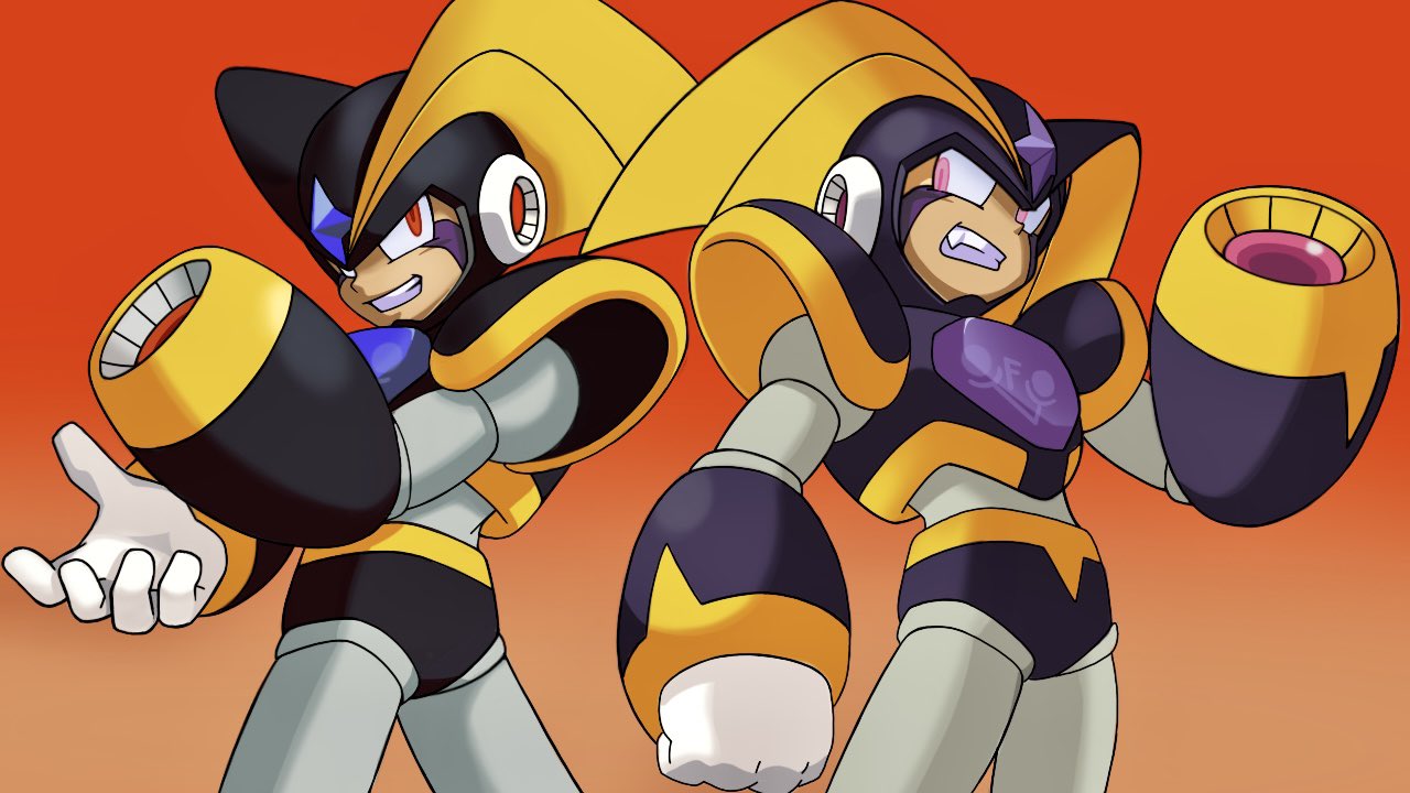 1boy, android, arm_cannon, armor, bass_(mega_man), black_armor, black_helmet, chest_jewel