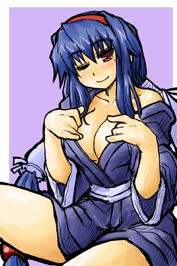 alternate_costume, anastasia_valeria, bispora, blue_hair, blush, breasts, japanese_clothes, kimono, long_hair, mole, open_clothes, payot, red_eyes, short_kimono, sitting, smile, solo, twintails, wild_arms, wild_arms_2, wink