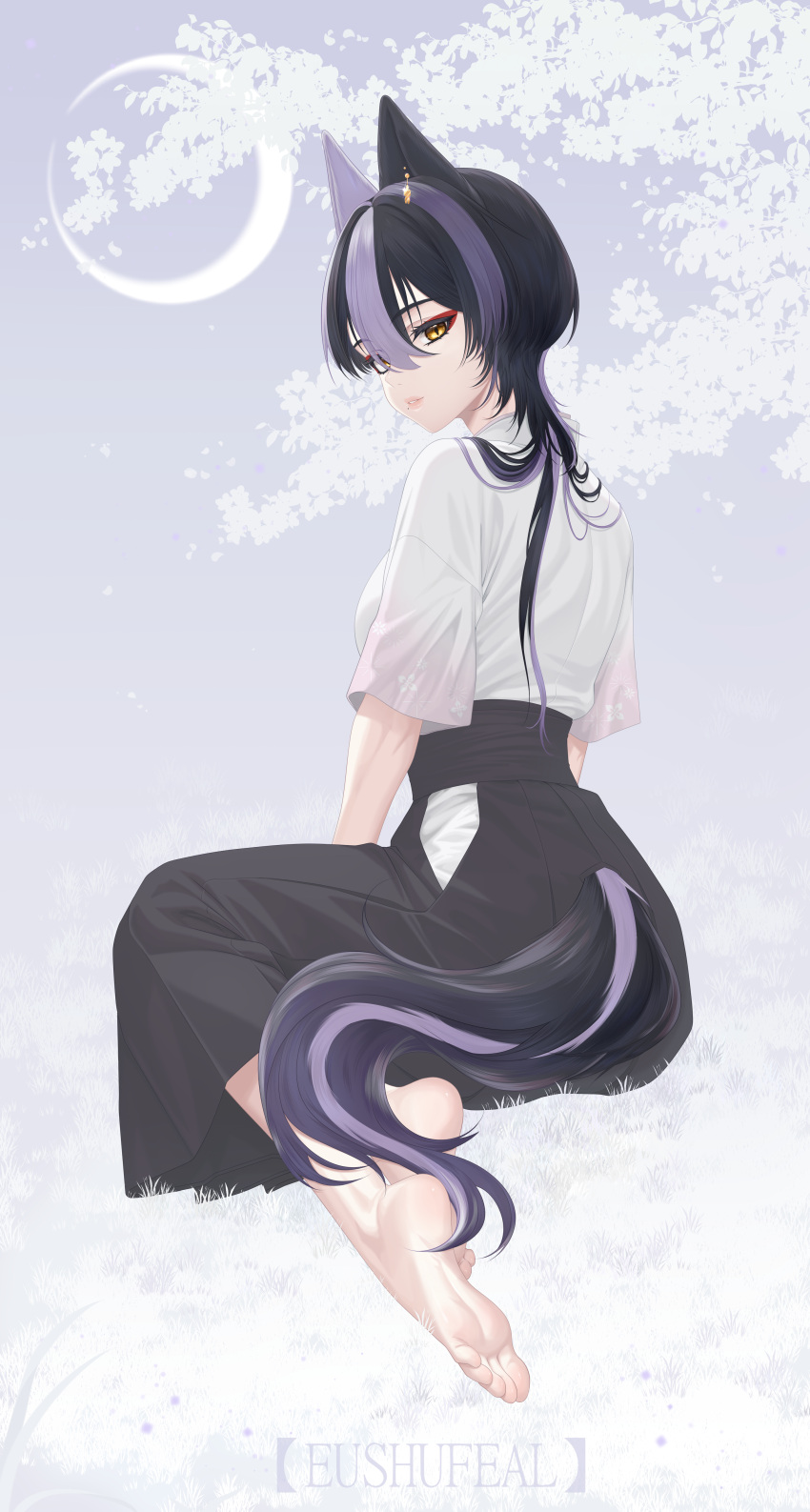 1girl, absurdres, animal_ears, eushufeal, feet, hakama, highres, japanese_clothes, kitsune, mole, non-web_source, original, solo, tsukitami, under_eye, yellow_eyes
