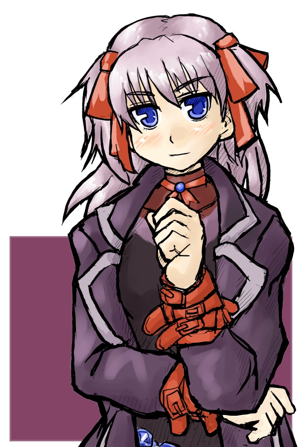 belt, bispora, blue_eyes, blush, bow, choker, coat, hair_ribbon