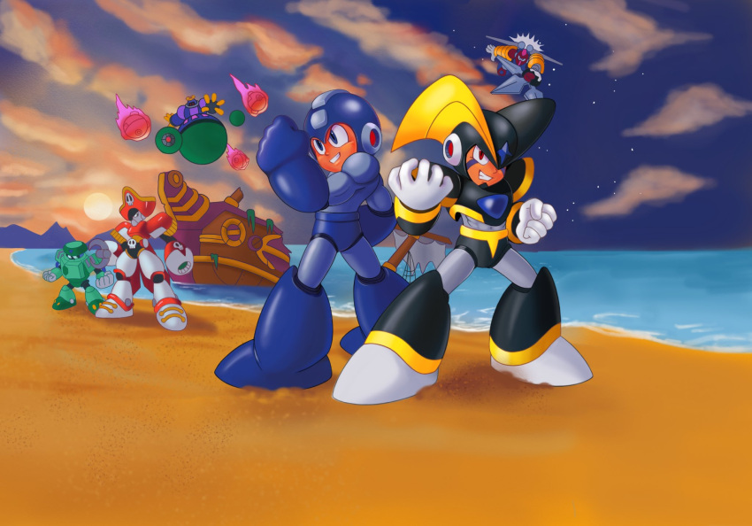6+boys, abs, abyssal_ship, android, arm_blade, arm_cannon, armor, astro_man, bass_(mega_man), beach, black_armor, black_helmet, blue_bodysuit, blue_eyes, blue_helmet, bodysuit, chest_jewel, clenched_hands, clouds, cold_man, cover, eyepatch, facial_mark, fire, flying, forehead_jewel, full_body, gloves, hat, helmet, highres, jewelry, looking_at_another, looking_at_viewer, mask, mechanical_wings, mega_man_&amp;_bass, mega_man_(character), mega_man_(classic), mega_man_(series), multiple_boys, ocean, official_style, one_eye_covered, pincher_hook, pirate, pirate_hat, pirate_man, pirate_ship, reaching, reaching_towards_viewer, red_eyes, robot, robot_ears, skull, smile, sprinqgueen, sunset, teeth, tengu_man, two_side_up, video_game_cover, weapon, white_gloves, wings, wreckage
