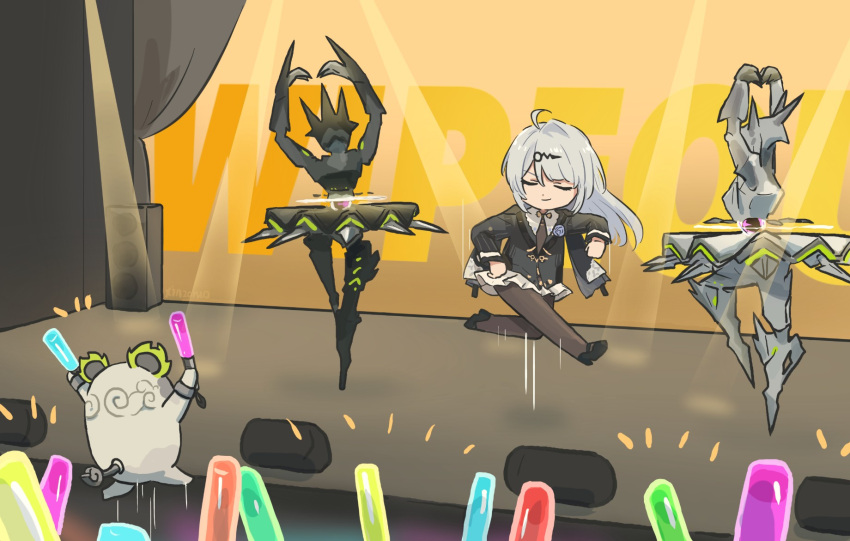 1girl, ahoge, bangboo_(zenless_zone_zero), chibi, chibi_only, closed_eyes, closed_mouth, dancing, dress, ethereal_(zenless_zone_zero), glowstick, highres, holding, holding_glowstick, jumping, long_hair, long_sleeves, non-humanoid_robot, official_alternate_costume, pantyhose, robot, smile, stage, stage_lights, v-shaped_eyebrows, xinzoruo, yixuan_(trails_of_ink)_(zenless_zone_zero), yixuan_(zenless_zone_zero), zenless_zone_zero, zzz_wipeout