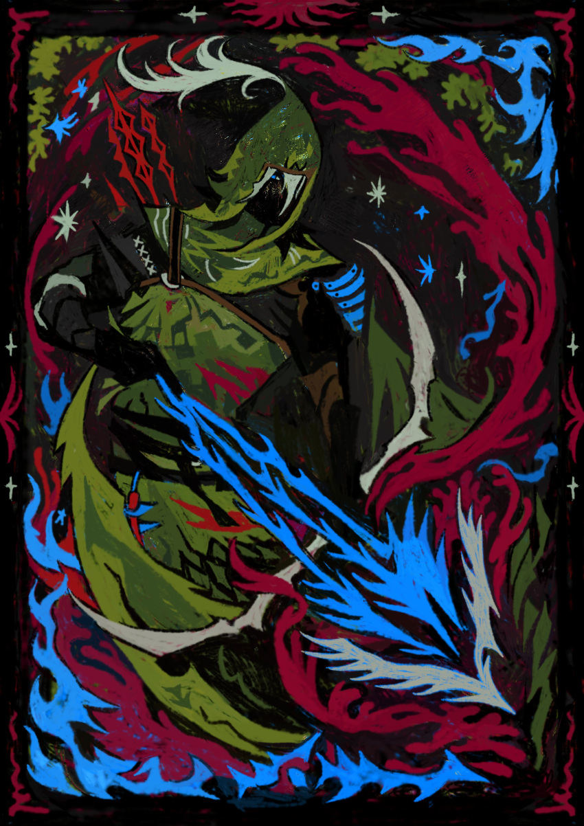 1boy, absurdres, black_background, black_gloves, blue_eyes, border, bow_(weapon), drawing_bow