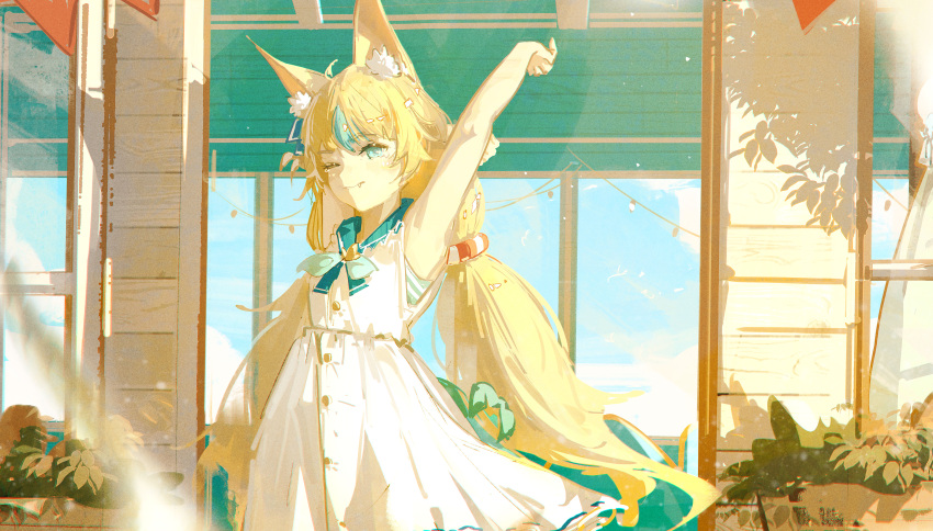 1girl, ;), absurdres, animal_ears, arm_up, blonde_hair, blue_eyes, blue_streaks