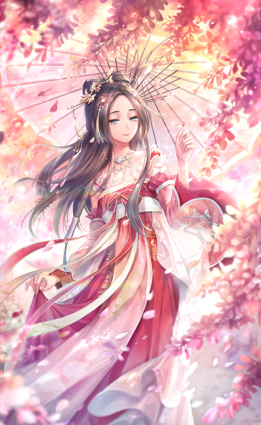 1girl, artist_request, blue_eyes, bow-shaped_hair, brown_hair, chinese_clothes, closed_mouth, cloud_and_flower_(shining_nikki), collarbone, detached_sleeves, feet_out_of_frame, floating_clothes, floating_hair, floral_print, flower, forehead, frilled_hanfu, game_cg, hair_ornament, hairpin, half-closed_eyes, hand_up, hanfu, happy, highres, holding, holding_petal, holding_umbrella, jewelry, lipstick, long_hair, long_sidelocks, long_sleeves, makeup, necklace, nikki_(series), official_art, oil-paper_umbrella, outdoors, petals, purple_flower, qing_yumo, red_hanfu, red_lips, red_ribbon, red_sleeves, ribbon, shining_nikki, sidelocks, sleeveless, sleeveless_hanfu, smile, solo, spring_(season), standing, sunset, tassel, tassel_hair_ornament, umbrella, umbrella_over_shoulder, white_umbrella, wide_sleeves, wind, wisteria