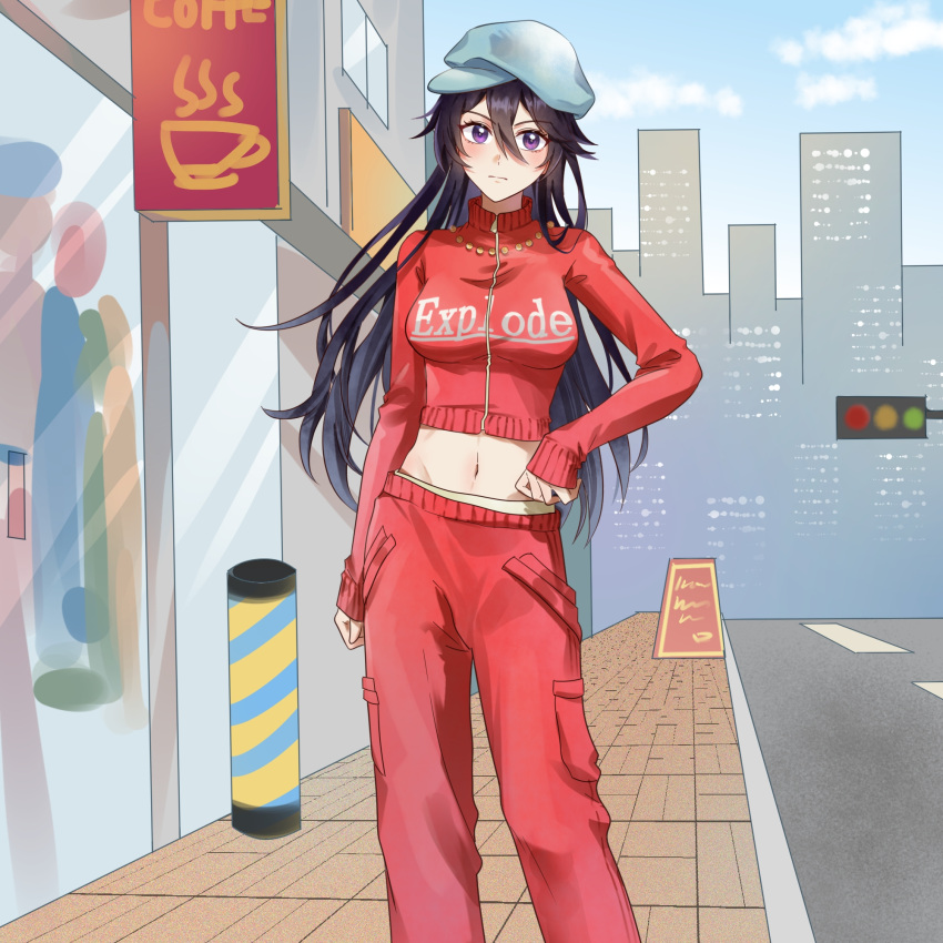 1girl, alternate_costume, arm_at_side, bambietta_basterbine, beret, black_hair, bleach, bleach:_sennen_kessen-hen