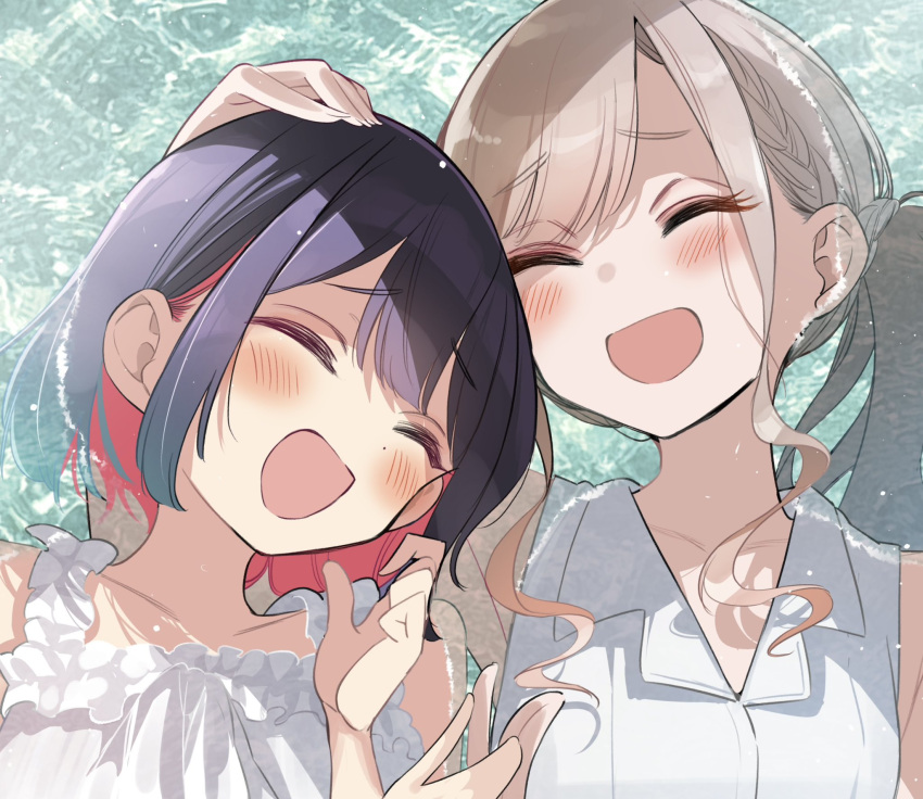 2girls, afloat, bad_girl_(manga), bare_shoulders, black_hair, blonde_hair, blush, closed_eyes