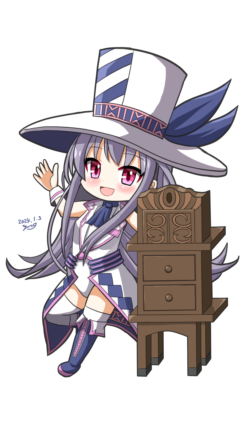 1girl, absurdres, artist_name, blue_boots, blue_necktie, boots, chibi, dated, emil_chronicle_online, hat, highres, kamishibaiya_iris, leotard, necktie, open_mouth, red_eyes, standing, standing_on_one_leg, thigh-highs, white_hair, white_hat, white_leotard, white_thighhighs, yanapy