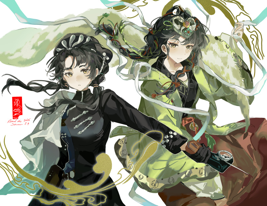 2girls, :o, absurdres, around_the_stream, beret, black_dress, black_gloves, black_hat