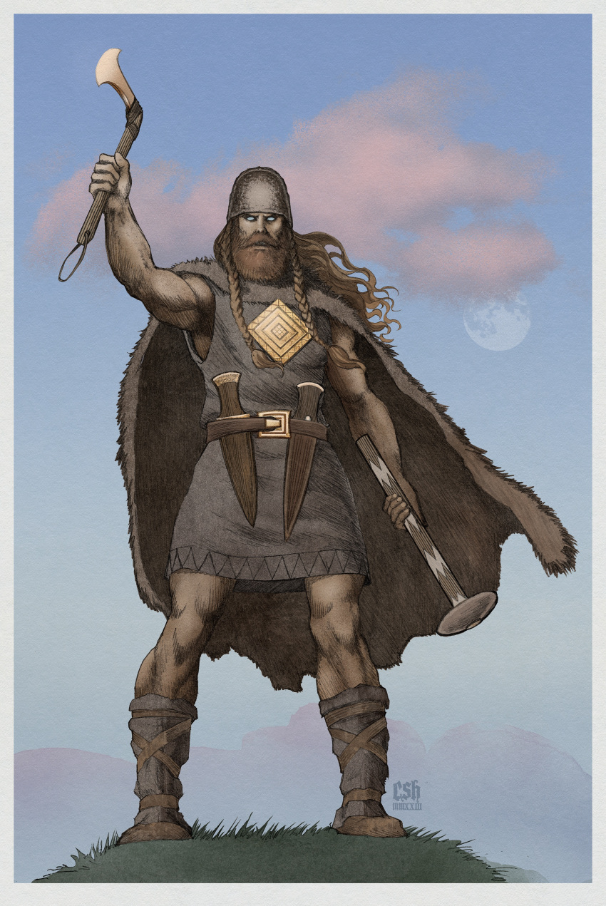 1boy, absurdres, axe, blonde_hair, braid, cape, christian_sloan_hall, clouds, full_moon, fur_cape, grey_eyes, hammer, helmet, highres, hill, holding, holding_axe, holding_hammer, jewelry, leather_footwear, moon, muscular, original, sheath, solo, sword, twin_braids, weapon