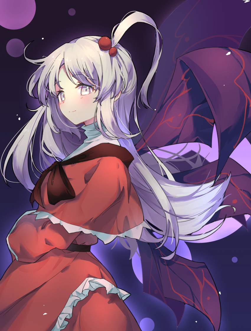 1girl, absurdres, capelet, closed_mouth, commentary, dress, grey_eyes, grey_hair, hair_bobbles, hair_ornament, highres, kitahara_(pixiv_19528441), long_hair, looking_at_viewer, multiple_wings, one_side_up, purple_wings, red_capelet, red_dress, shinki_(touhou), smile, solo, touhou, touhou_(pc-98), very_long_hair, wings