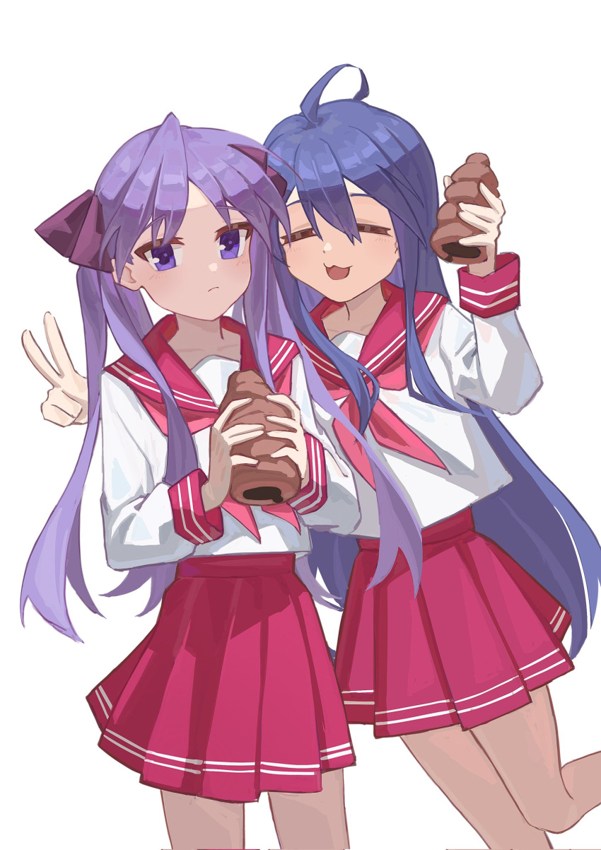 2girls, :3, arm_behind_another's_back, black_bow, blue_hair, bow, chocolate_cornet, closed_eyes