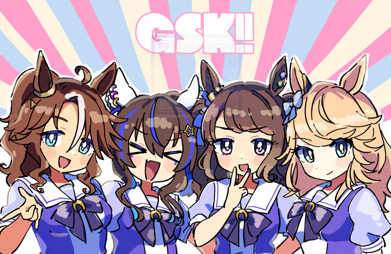 >_<, 4girls, \m/, animal_ears, blonde_hair, blue_eyes, blue_hair, blush_stickers