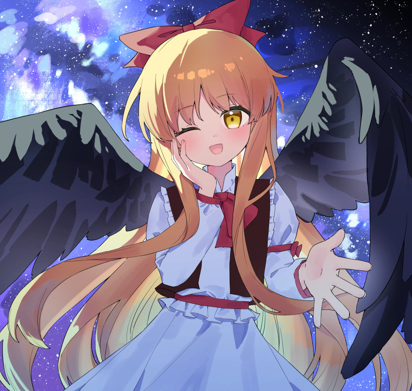 1girl, absurdres, alternate_wing_color, black_wings, blonde_hair, blush, bow, bowtie, commentary, feathered_wings, fingernails, gengetsu_(touhou), hair_bow, highres, kitahara_(pixiv_19528441), long_hair, long_sleeves, looking_at_viewer, one_eye_closed, open_mouth, red_bow, red_bowtie, shirt, skirt, smile, solo, touhou, touhou_(pc-98), very_long_hair, white_shirt, white_skirt, wings, yellow_eyes
