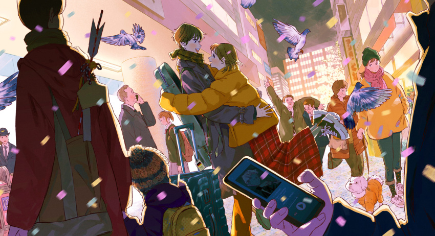 4boys, 6+girls, bird, black_coat, black_eyes, brown_hair, brown_pants, brown_scarf
