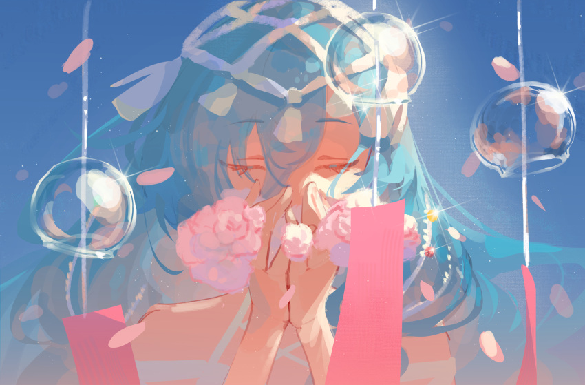 1girl, 37_(down_in_the_grotto)_(reverse:1999), 37_(reverse:1999), bare_shoulders, blue_background, blue_hair, closed_eyes, facing_viewer, falling_petals, flower, glint, hair_between_eyes, hair_ornament, hands_on_own_face, hands_up, highres, kubing_aaa, long_hair, official_alternate_costume, petals, pink_flower, reverse:1999, solo, upper_body, wind_chime