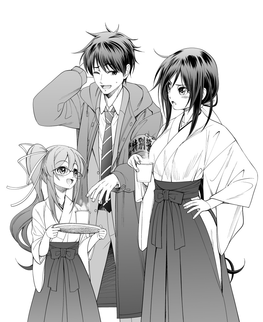 1boy, 2girls, absurdres, belt, black_belt, black_hair, blush, breasts