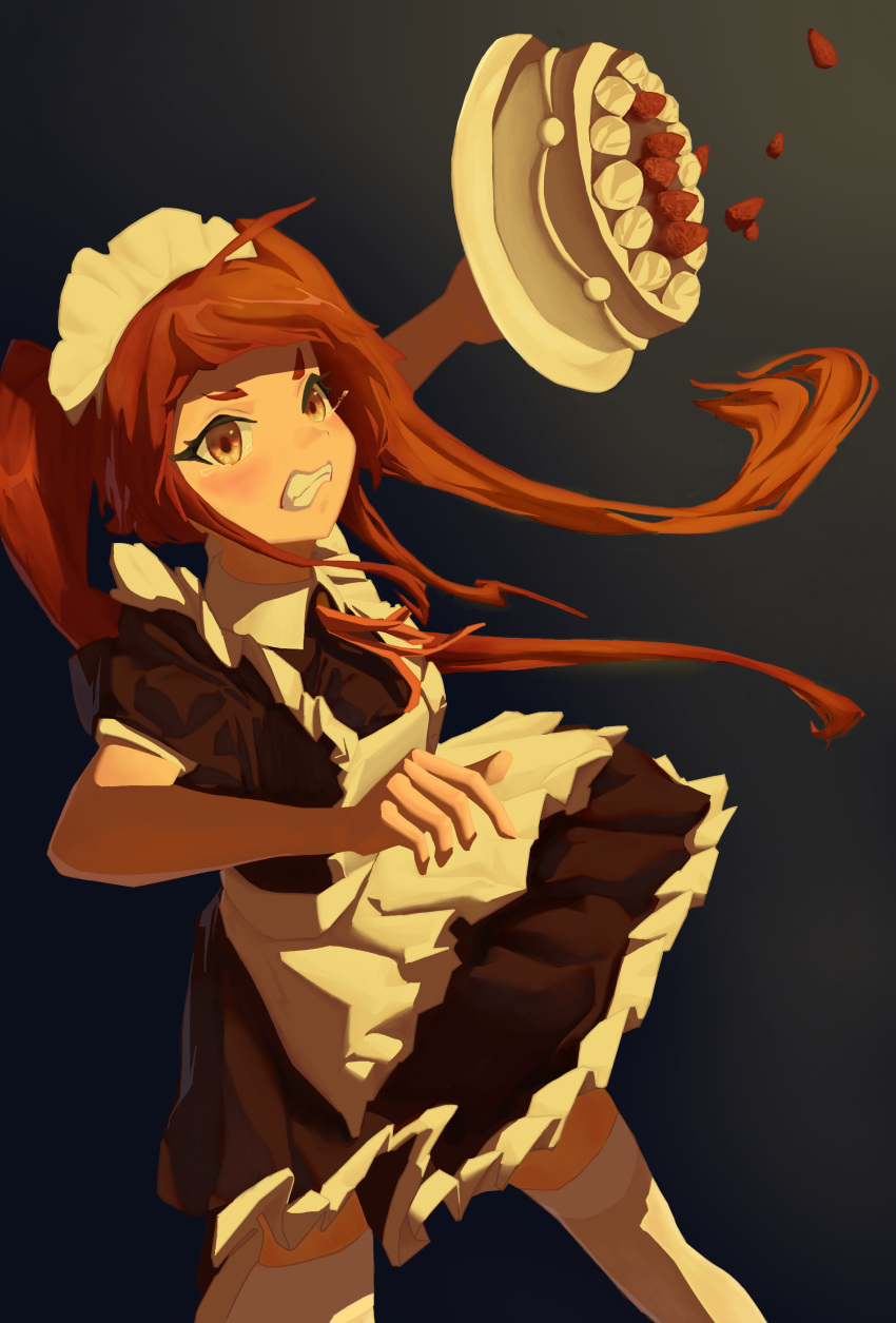 1girl, absurdres, angry, apron, blush, cake, clenched_teeth, eris_greyrat, food, fruit, highres, kokllc, long_hair, maid, mushoku_tensei, red_eyes, red_hair, solo, strawberry, tearing_up, teeth, thigh-highs, throwing, throwing_food, twintails, zettai_ryouiki