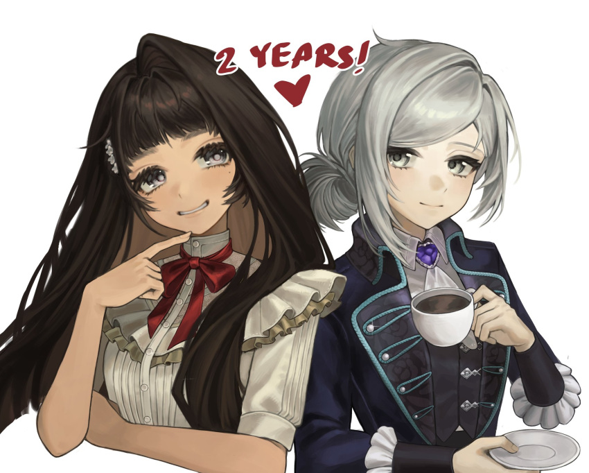 2girls, albadove, anniversary, black_coat, black_hair, black_vest, blunt_bangs, bow