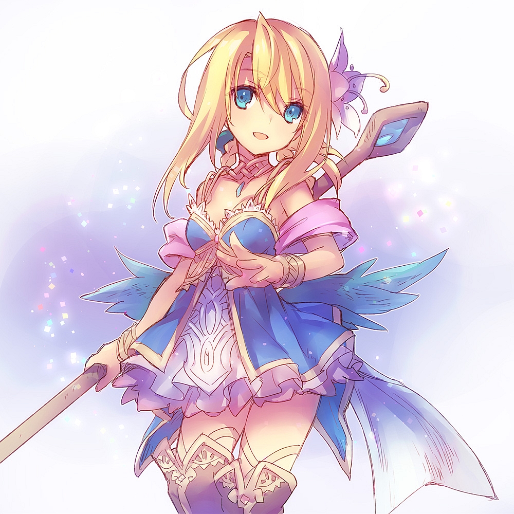1girl, bare_shoulders, blonde_hair, blue_dress, blue_eyes, blue_wings, boots, bracelet, breasts, dress, emil_chronicle_online, flower, frilled_dress, frills, hair_flower, hair_ornament, holding, holding_staff, jewelry, le_fay_lore, medium_breasts, open_mouth, simple_background, staff, thigh_boots, wanko_(takohati8), wings