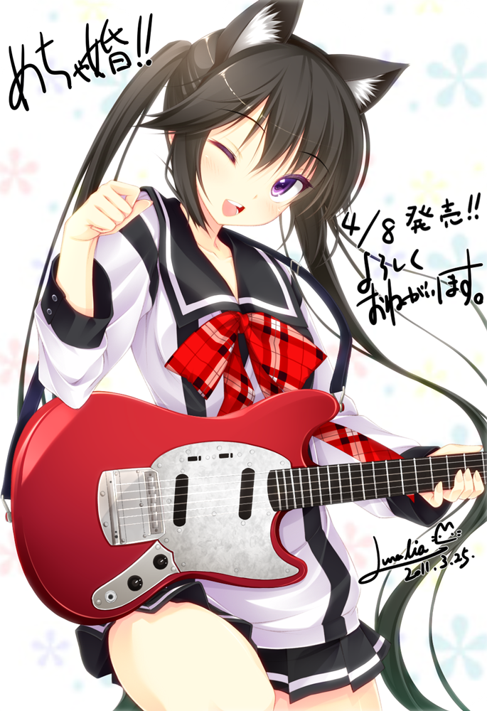 ;d, cat_ears, guitar, instrument, long_hair, luna_lia, mecha_con!, mechakon!, open_mouth, school_uniform, skirt, smile, solo, twintails, wink, yatake_tsubaki