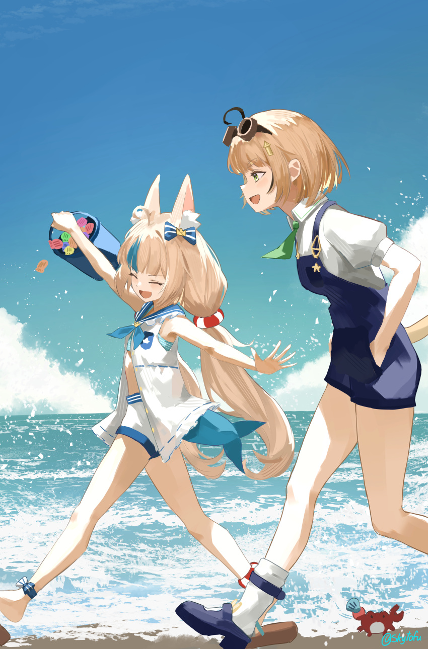 2girls, :d, absurdres, ahoge, animal_ear_fluff, arm_up, bare_arms, beach