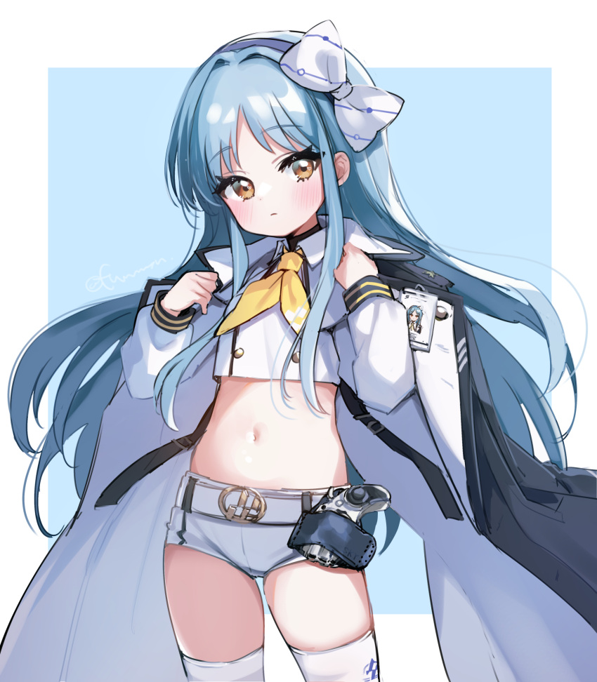 1girl, belly, blue_hair, bow, bowtie, flat_chest, fummy, goddess_of_victory:_nikke, gun, hair_bow, highres, id_card, jacket, jacket_on_shoulders, long_hair, navel, necktie, oversized_jacket, shorts, simple_background, sky_(nikke), thick_thighs, thighs, two-sided_fabric, two-sided_jacket, weapon, white_bow, white_jacket, white_shorts, yellow_bow, yellow_bowtie, yellow_eyes, yellow_necktie