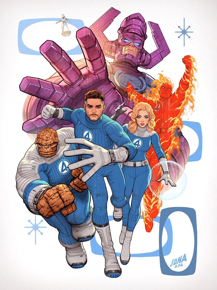1girl, 4boys, ben_grimm, blonde_hair, blue_bodysuit, bodysuit, brown_hair, david_nakayama