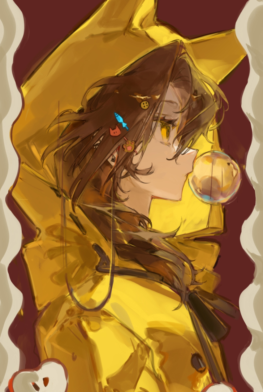 1girl, absurdres, animal_ears, apple, apple_slice, baicha735, blowing_bubbles, brown_hair