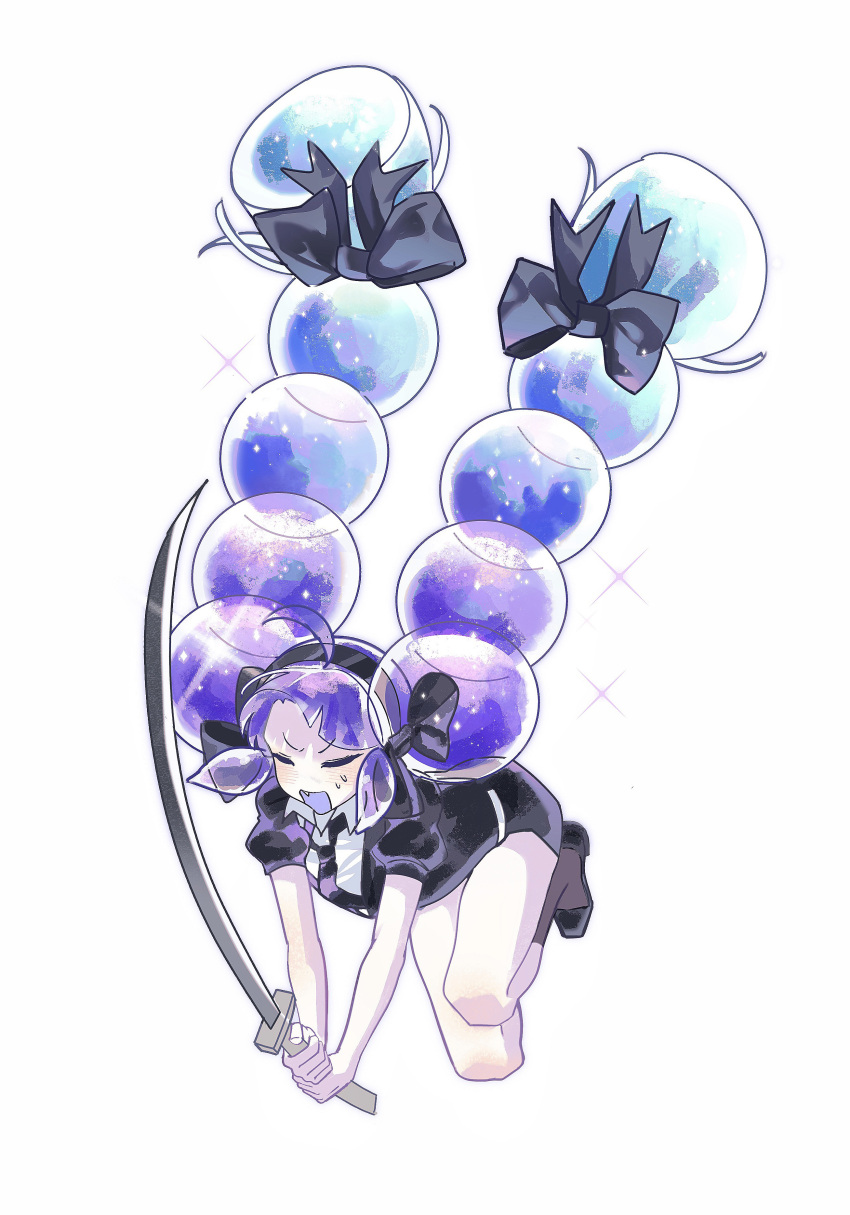 1other, absurdres, ahoge, androgynous, aqua_hair, black_bow, black_hairband, black_jacket, black_necktie, black_shoes, black_shorts, blue_hair, bow, brown_socks, cengxunuo139, closed_eyes, collared_shirt, commentary_request, fang, full_body, gem_uniform_(houseki_no_kuni), hair_bow, hairband, highres, holding, holding_sword, holding_weapon, houseki_no_kuni, jacket, long_hair, multi-tied_hair, multicolored_hair, necktie, open_mouth, original, other_focus, puffy_short_sleeves, puffy_sleeves, purple_hair, purple_mouth, shirt, shoes, short_sleeves, shorts, simple_background, skin_fang, socks, solo, sword, weapon, white_background, white_shirt