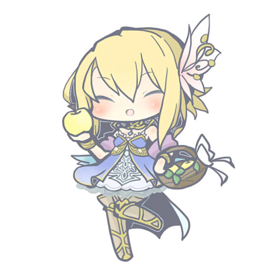 1girl, apple, bag, bare_shoulders, blonde_hair, blue_dress, boots, chibi, closed_eyes, dress, emil_chronicle_online, flower, food, fruit, golden_apple, hair_flower, hair_ornament, holding, holding_food, holding_fruit, homurabi, le_fay_lore, open_mouth, smile, thigh_boots, white_background