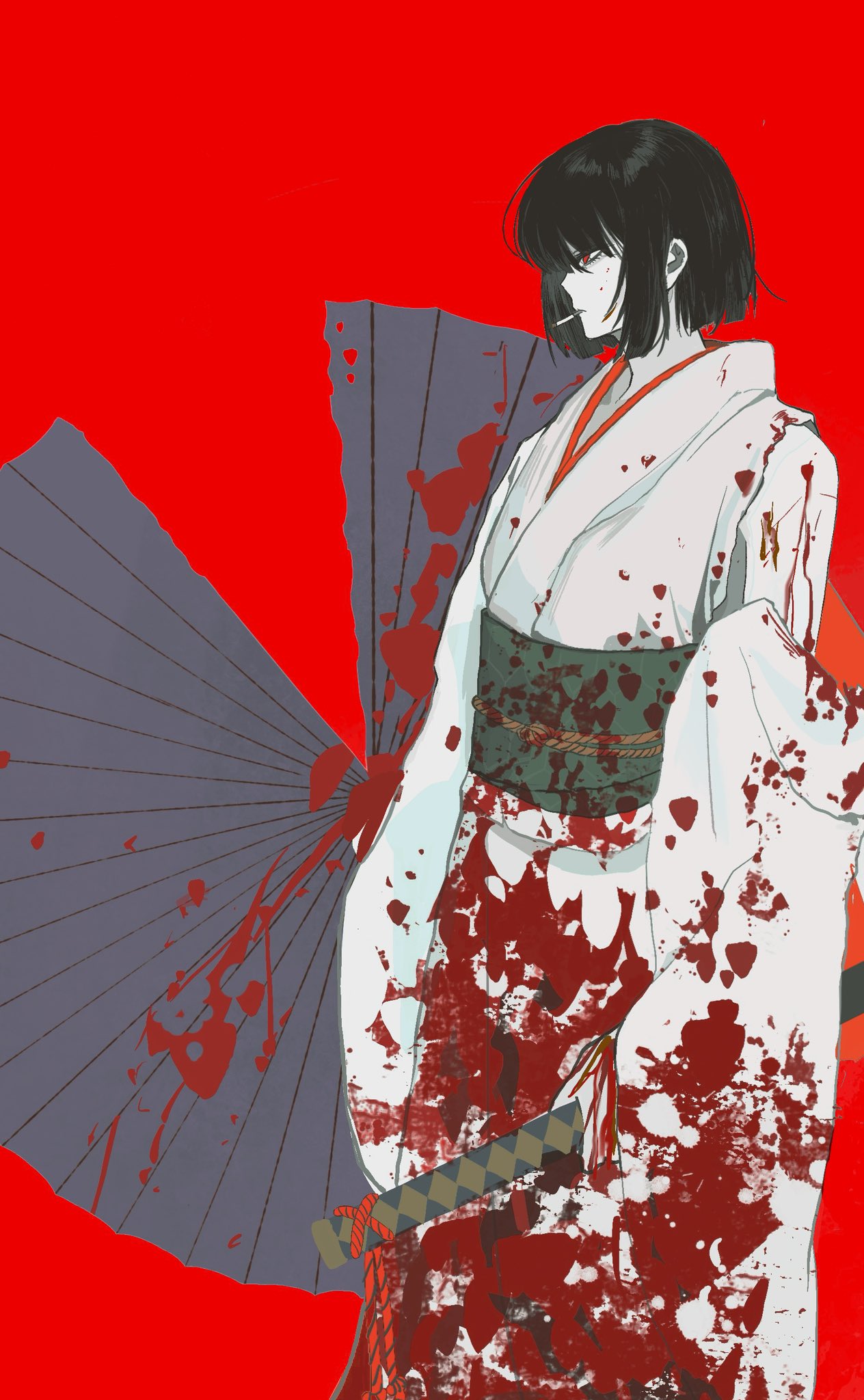 1girl, alternate_costume, black_hair, blood, blood_on_clothes, bob_cut, cigarette, green_sash, highres, japanese_clothes, kimono, limbus_company, long_sleeves, looking_to_the_side, ntcke, project_moon, red_background, red_eyes, ryoshu_(project_moon), sash, short_hair, simple_background, smoking, solo, standing, upper_body, white_kimono
