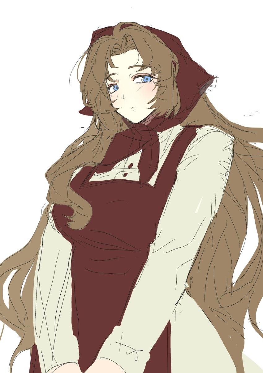 1girl, alternate_costume, apron, blue_eyes, breasts, brown_hair, dress, headscarf