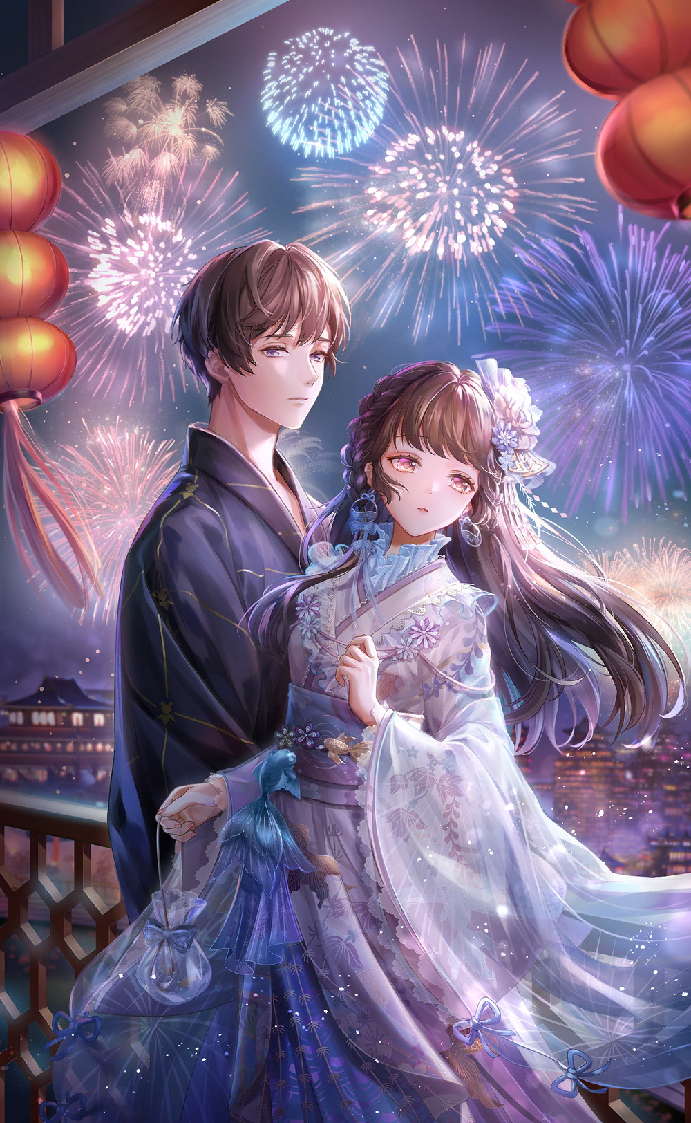 1boy, 1girl, aerial_fireworks, architecture, artist_request, black_kimono, blue_kimono, bow