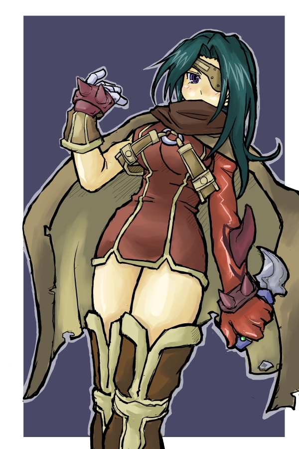 aisha_bernadette, bangs, belt, bispora, boots, breasts, cape, dagger