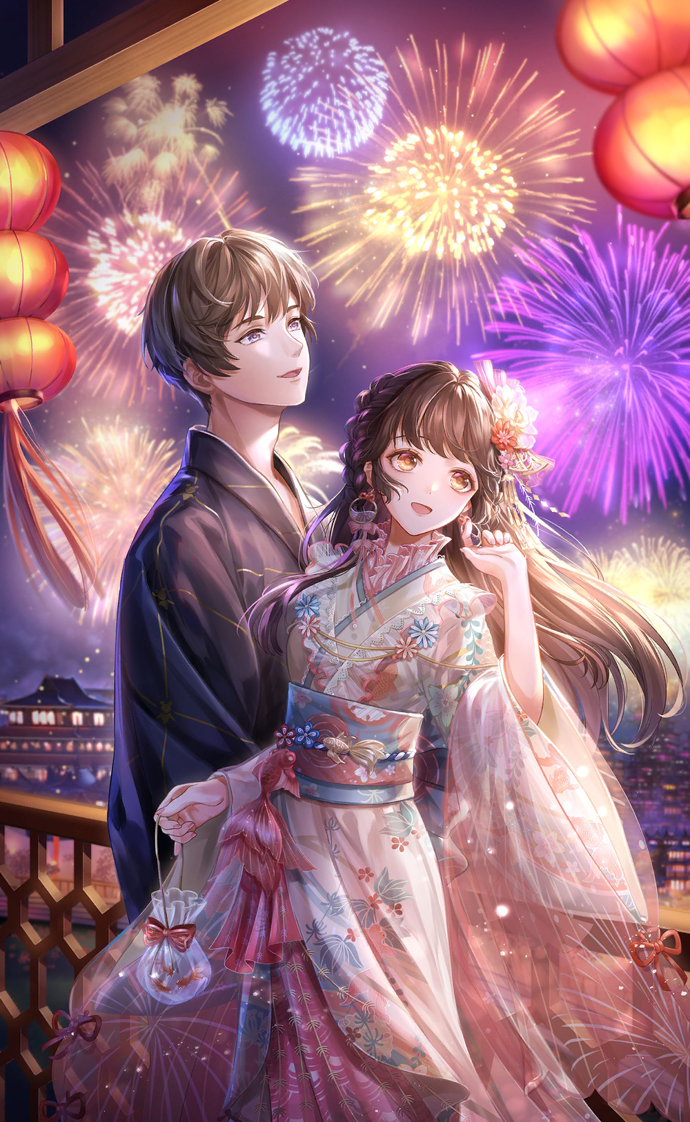 1boy, 1girl, adjusting_earrings, aerial_fireworks, architecture, artist_request, black_kimono, bow
