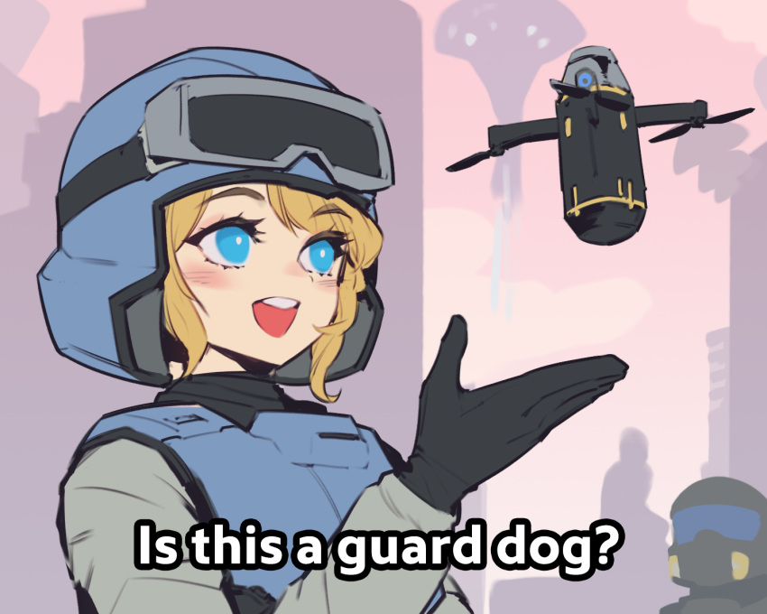 1boy, 1girl, black_gloves, blonde_hair, blue_eyes, blush, bulletproof_vest, cityscape, drone, english_text, explosive, gloves, grenade, helldiver_(helldivers), helldivers_(series), helmet, highres, illuminate_(helldivers), is_this_a_pigeon_(meme), meme, military_uniform, phantom_ix_row, seaf_soldier_(helldivers), short_hair, statue
