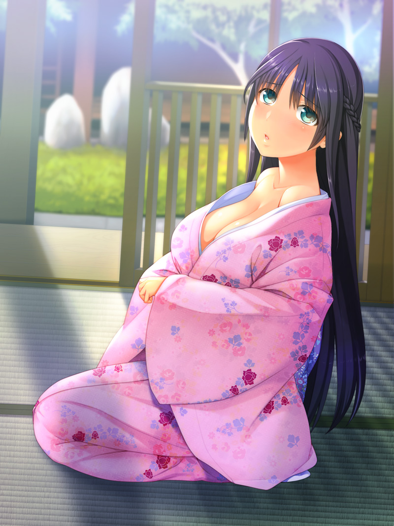 black_hair, blurry, blush, breasts, cleavage, depth_of_field, floral_print, green_eyes, huge_breasts, japanese_clothes, kimono, kneeling, large_breasts, long_hair, original, seiza, sitting, solo, tatami, yuzuriha_(active_homing), zangyura