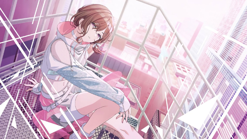 1girl, belt, bow, building, choker, gauze_on_hip, highres, higuchi_madoka