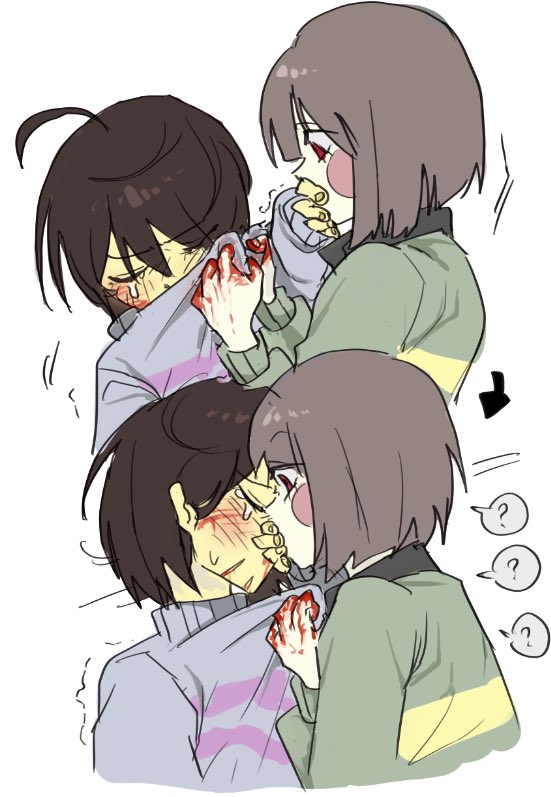 2others, ?, arrow_(symbol), black_shirt, blood, blood_on_hands, blue_sweater, brown_hair