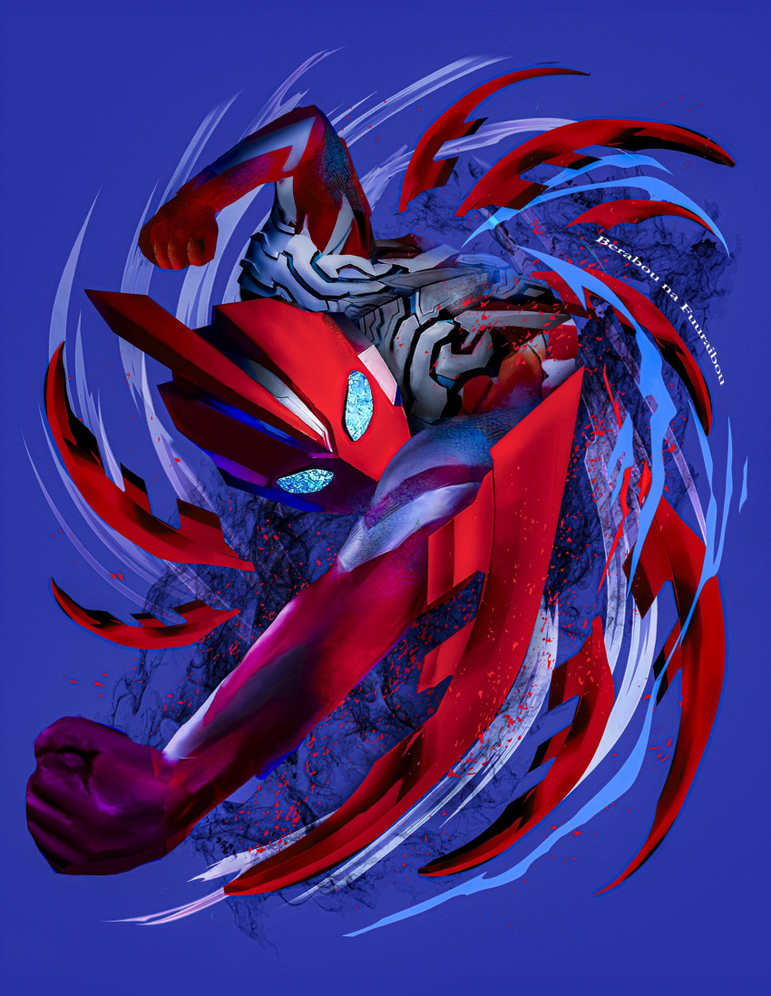 1boy, alien, blue_eyes, colored_skin, compound_eyes, glowing, glowing_eyes, highres, male_focus, multicolored_skin, obakelope0530, omega_slugger, red_skin, silver_skin, slashing, solo, tokusatsu, two-tone_skin, ultra_series, ultraman_omega, ultraman_omega_(series)