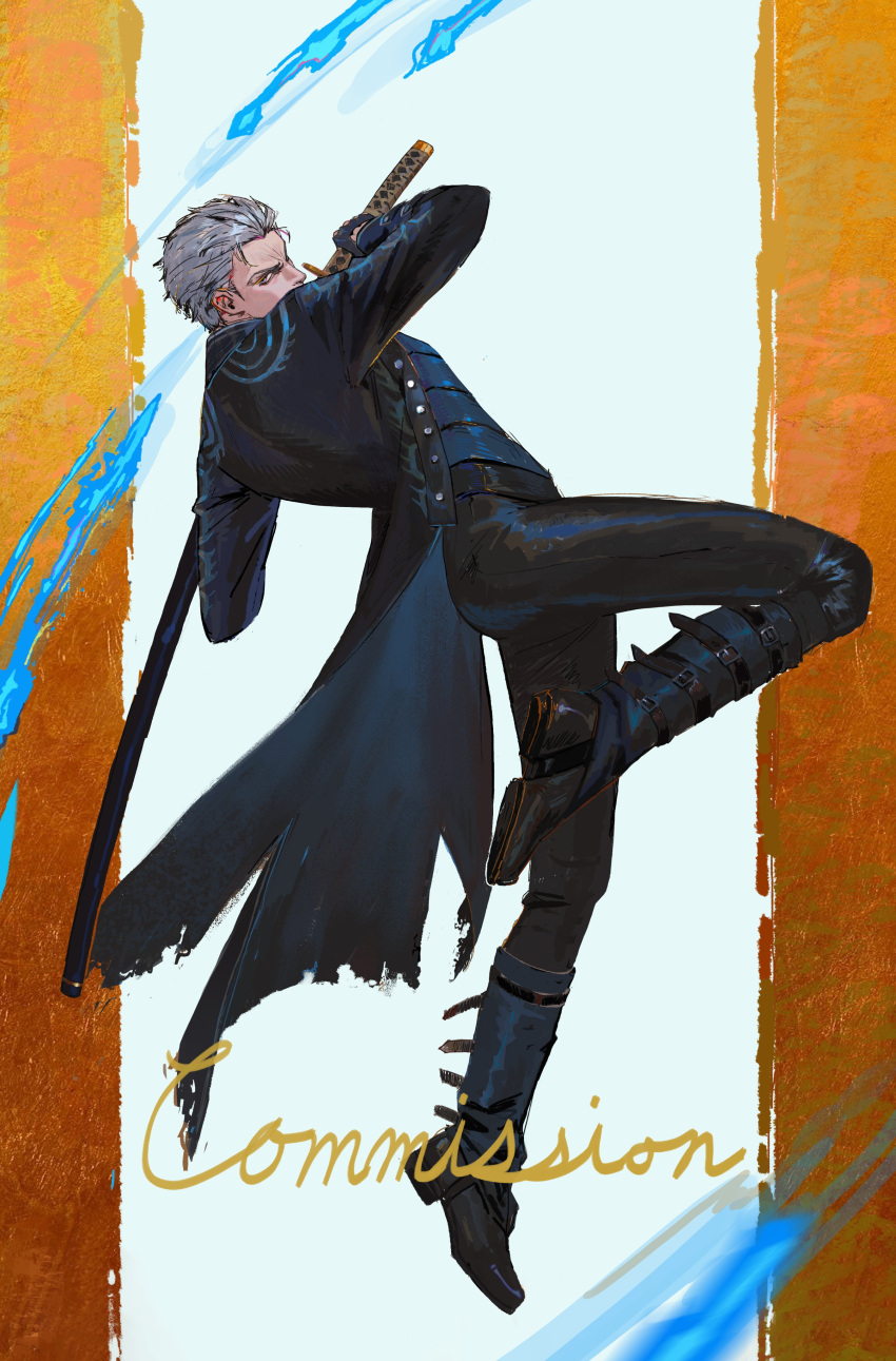 1boy, absurdres, blue_coat, blue_pants, blue_shirt, boots, coat, commission