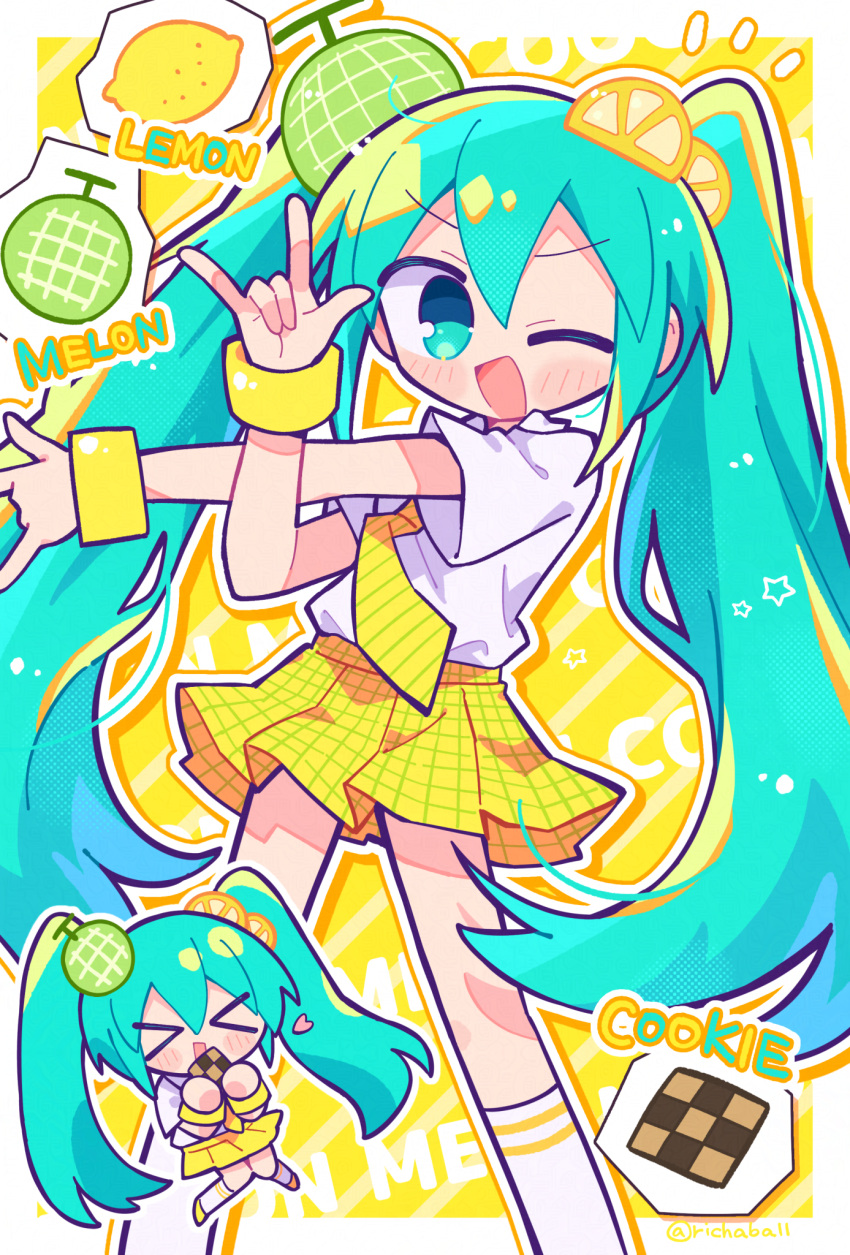 >_<, 1girl, :d, ;d, \m/, aqua_hair, blush, border
